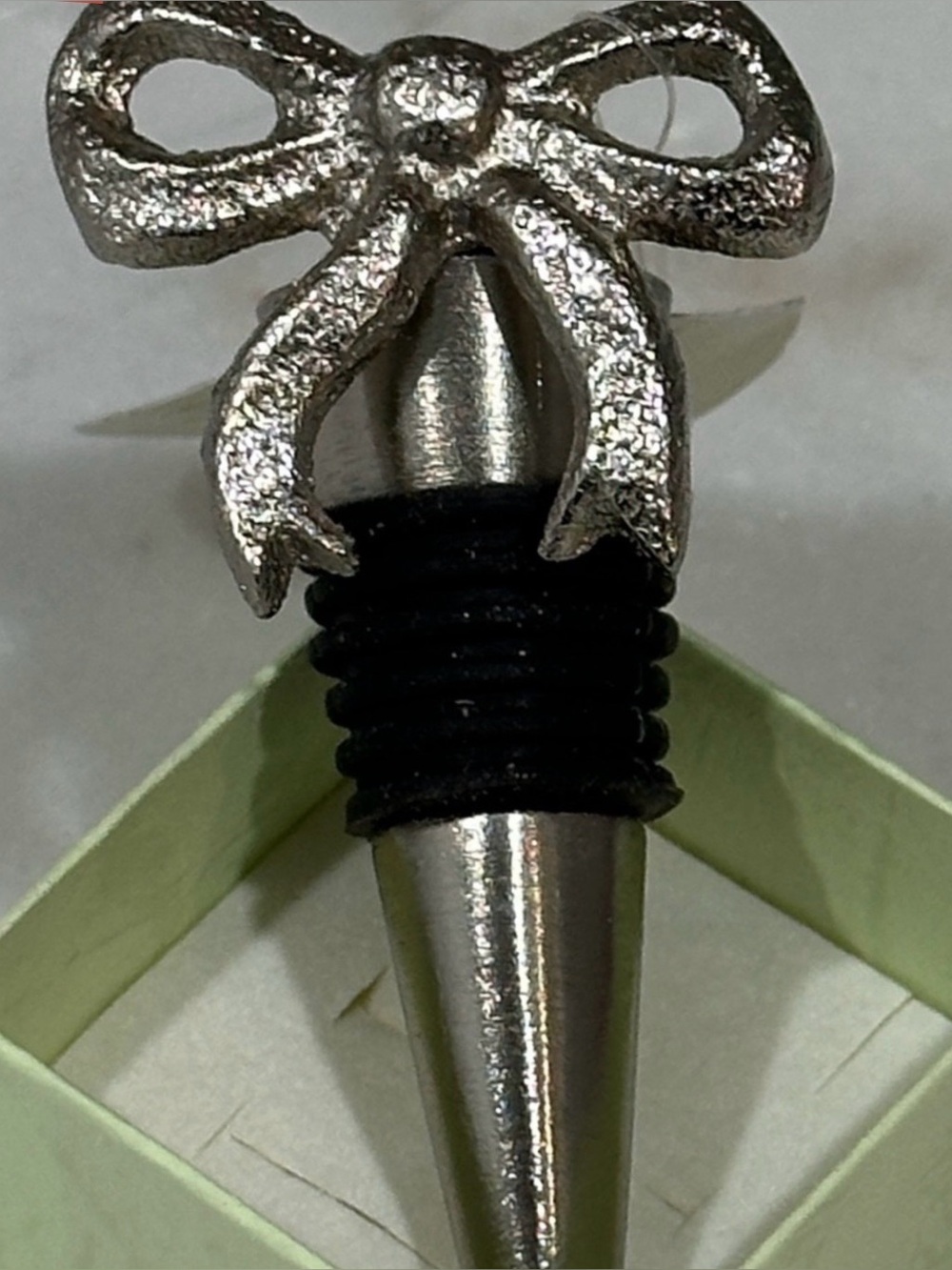 Silver Bow Wine Bottle Stopper with Black Accents. Set of 4.